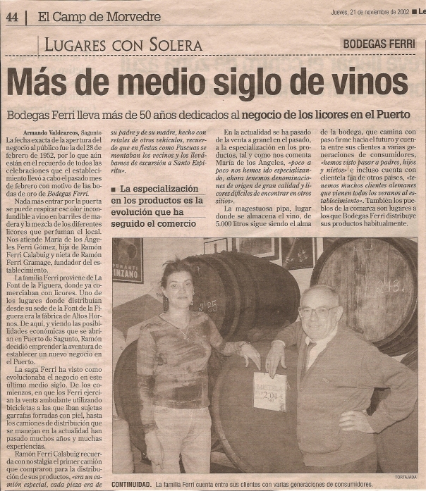 Noticia con motivo del 50 aniversario de Bodegas Ferri en el Levante-EMV en noviembre de 2002